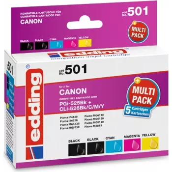edding printera kārtridži EDD-501 2x melns, ciāna, fuksīna, dzeltens saderīgs ar Canon PGI-525 BK,