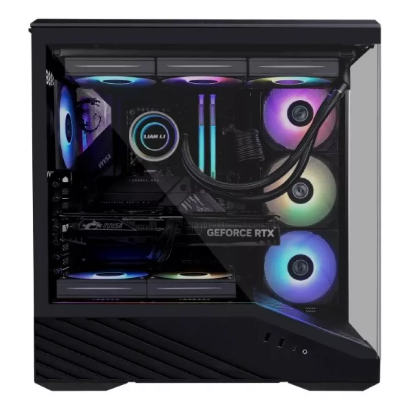 PC Case Lian Li Vector V100 Midi Tower — Melns ar caurspīdīgu paneli, atbalsta 3×120mm sānu + 1×120mm aizmugurējo ventilatoru, 3,5 collu HDD, 2,5 collu SSD, 235,5×446×484,6 mm