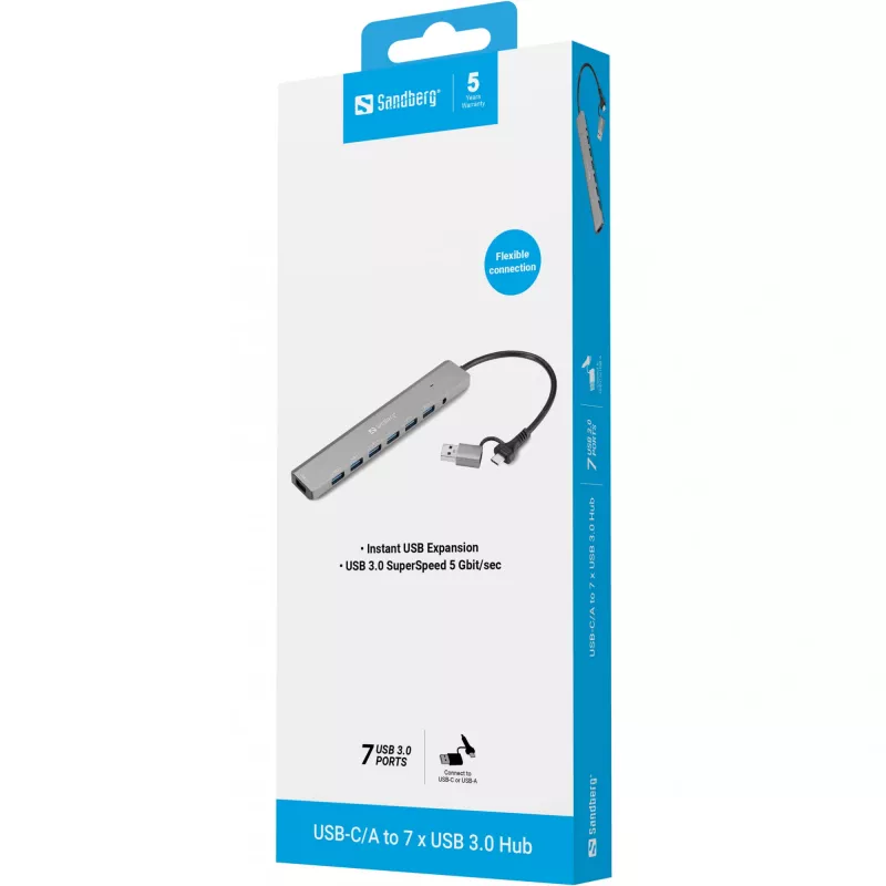 USB centrmezgls SANDBERG 136-66 — 7x USB 3.0 pieslēgvietas, ārējā barošana