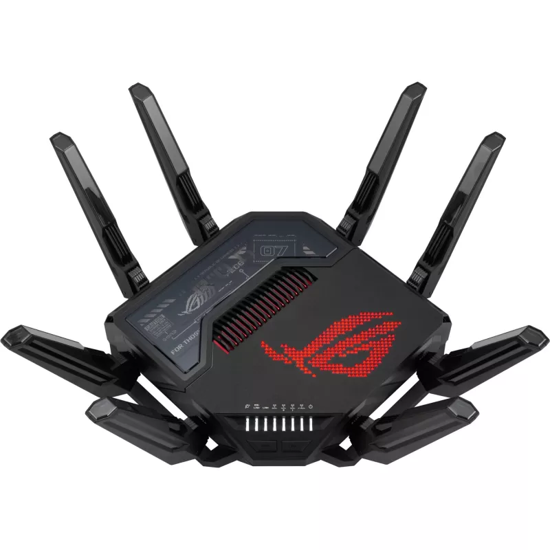 ASUS ROG Rapture GT-BE98 bezvadu maršrutētājs 10 Gigabit Ethernet četru joslu (2.4 GHz / 5 GHz-1 / 5 GHz-2 / 6 GHz) Melns