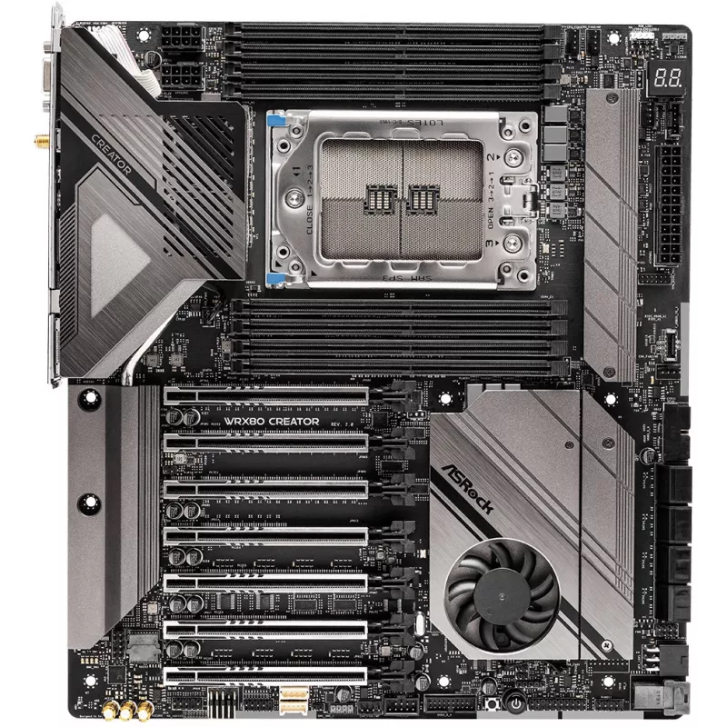 Mātesplate ASRock WRX80 CREATOR R2.0 — AMD WRX80, Socket sWRX8, E-ATX, 8× DIMM DDR4, 2 TB maks., Wi‑Fi 6E, 10Gb LAN, 7.1 audio