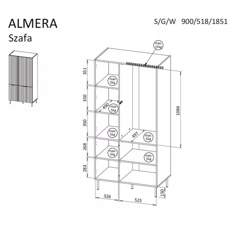 Skapis Cama Meble ALMERA Cama 5 90x52x185 cm, valrieksta rāmis, kašmira durvis, 6 plaukti