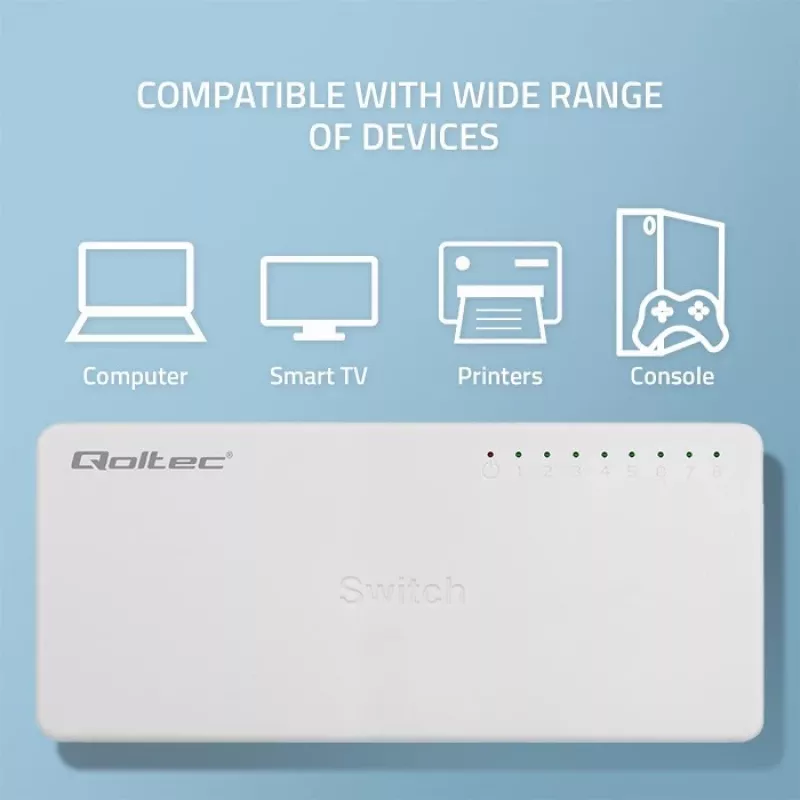 Qoltec tīkla slēdzis 8xRJ45 ports 1000Mbps LAN