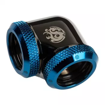Bitspower Adapteris 90° 16mm OD uz 16mm OD cietajai caurulei, melns spīdīgs/ar zilu akcentu