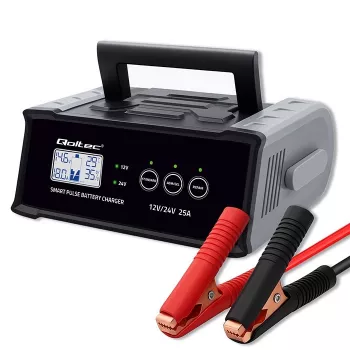 Baterijas lādētājs QOLTEC 52514 — 12V/24V, 25A, AGM/GEL/SLA baterijām ar LCD displeju