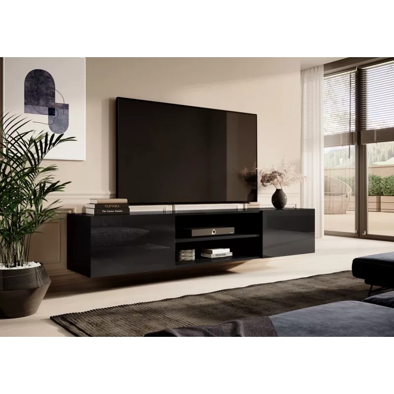 TV skapītis Cama Meble SLIDE 200K — 200x40x37 cm, spīdīgi melns, skaidu plākšņu virsma
