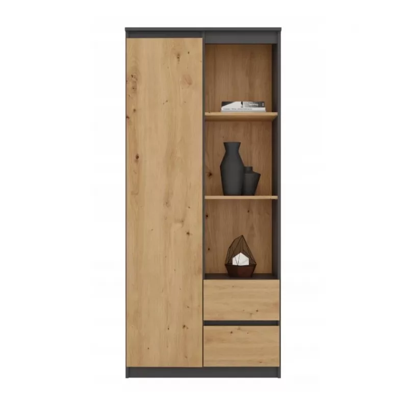 Top e Shop RS-80 BILY biroja grāmatu skapis, antracīta rāmis, amatniecības ozolkoka durvis, 7 plaukti, 2 atvilktnes, 1800×800×350 mm