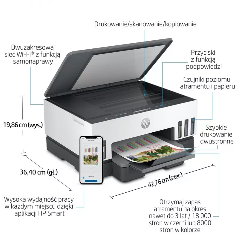 Daudzfunkciju printeris HP Smart Tank 720 — termālā tintes druka, krāsu, A4, Wi‑Fi, duplekss, 4800x1200 dpi