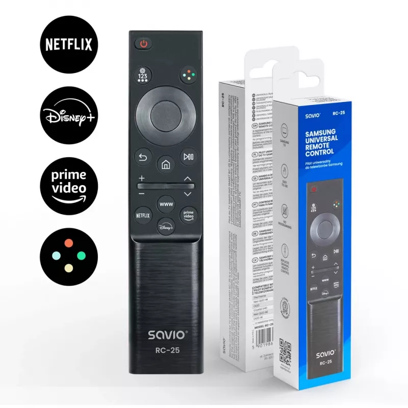 SAVIO RC-25 infrasarkanā TV tālvadības pults, spiedpogu ievade, melna, darbības attālums līdz 10 m, 1 ierīcei, izmanto 2x AAA