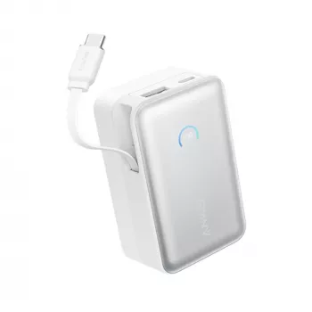 Ārējais akumulators Anker A1638 10000 mAh, 45 W kopējā izejas jauda, balts, iebūvēts izvelkams USB-C kabelis