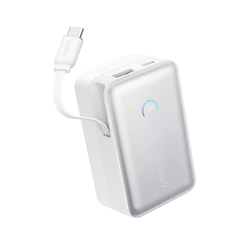Ārējais akumulators Anker A1638 10000 mAh, 45 W kopējā izejas jauda, balts, iebūvēts izvelkams USB-C kabelis