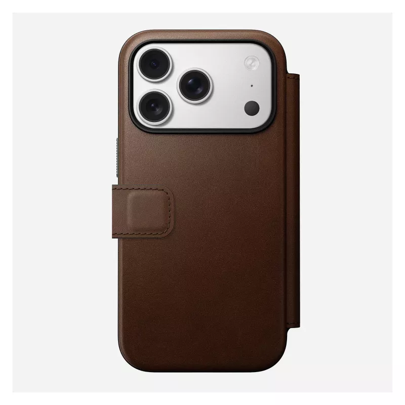 Ādas grāmatiņveida tālruņa vāciņš Nomad Modern Leather Folio iPhone 17 Pro — brūna, der 6,3 collu (16 cm) ekrānam, 4 karšu kabatas
