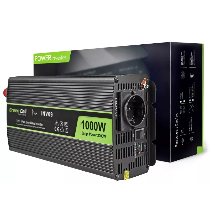 Green Cell INV09 tīkla adapteris/invertors Auto 1000 W Melns