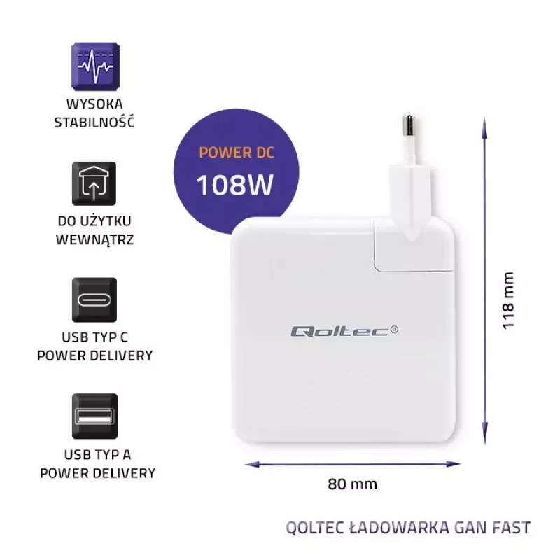 Qoltec GaN lādētājs FAST 108W | 5-20V | 3-4.7A | USB C | Balts