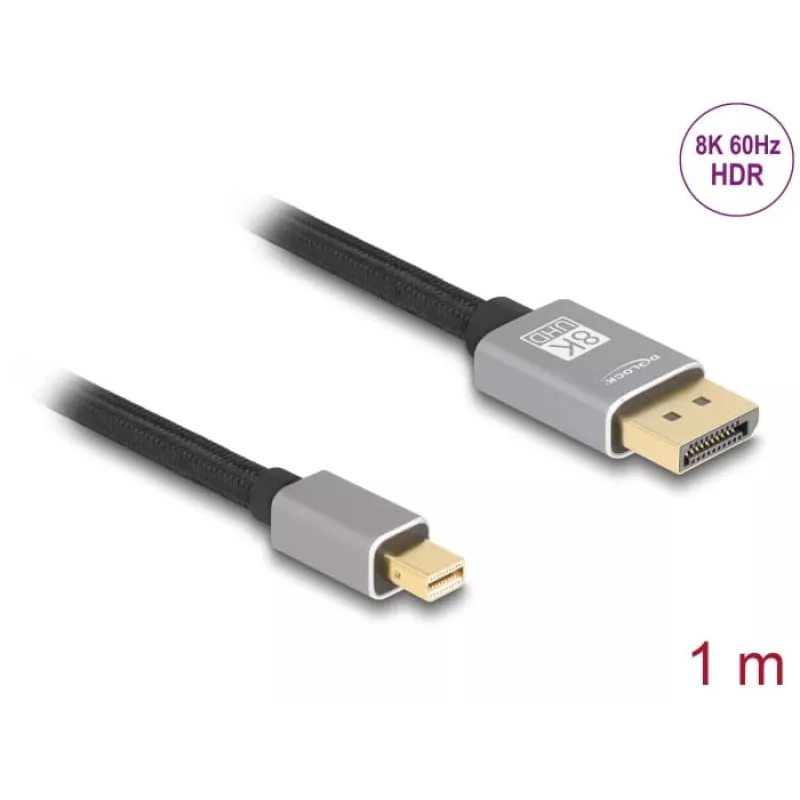 DeLOCK Mini DisplayPort–DisplayPort kabelis 8K 60 Hz 1 m pelēks metāla bez fiksatora