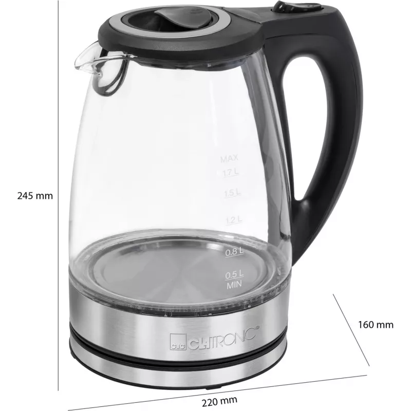 Elektriskā tējkanna CLATRONIC WKS 3744 G — 1,7 L, 2200 W, nerūsējošais tērauds/plastmasa, ūdens līmeņa indikators