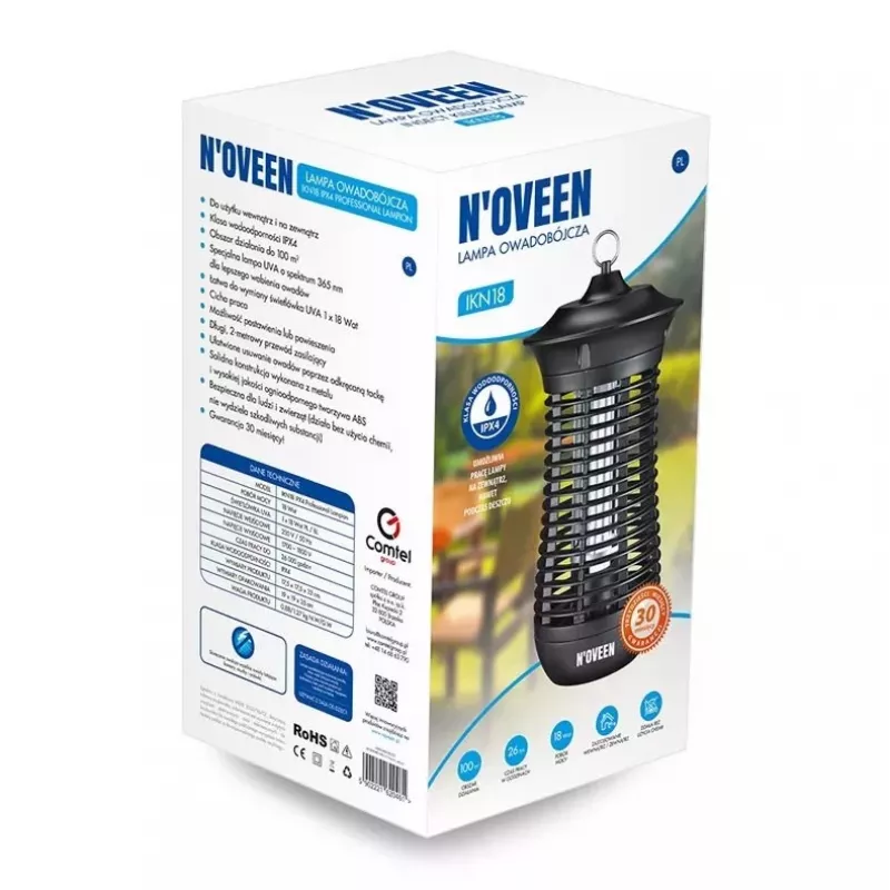 Electric insecticide lamp NOVEEN IKN18 IPX4 — 18 W UVA tube, 100 m² coverage, 1700–1800 V, indoor/outdoor, hangable, metal, Melns