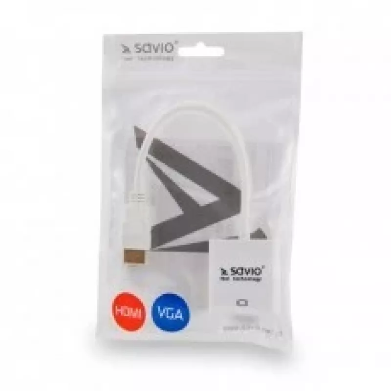 HDMI vīrieša savienotājs uz VGA sieviešu savienotāja adapteris SAVIO CL-201, HDMI A uz VGA D-Sub, balts, 0,1 m, līdz 1920x1200