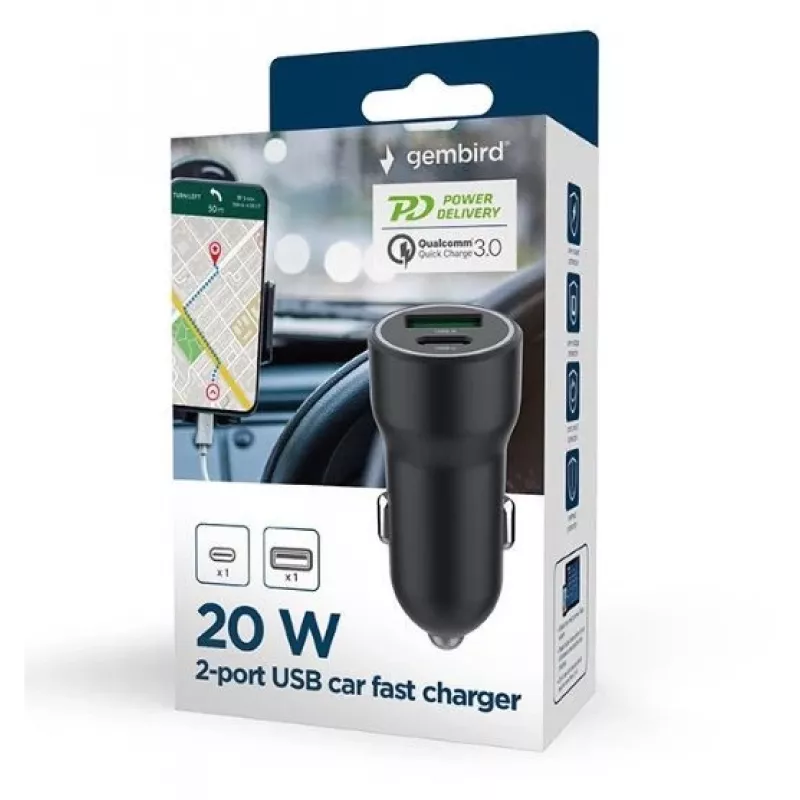 Gembird automašīnas barošanas adapteris - USB Type-A & C PD - 20W
