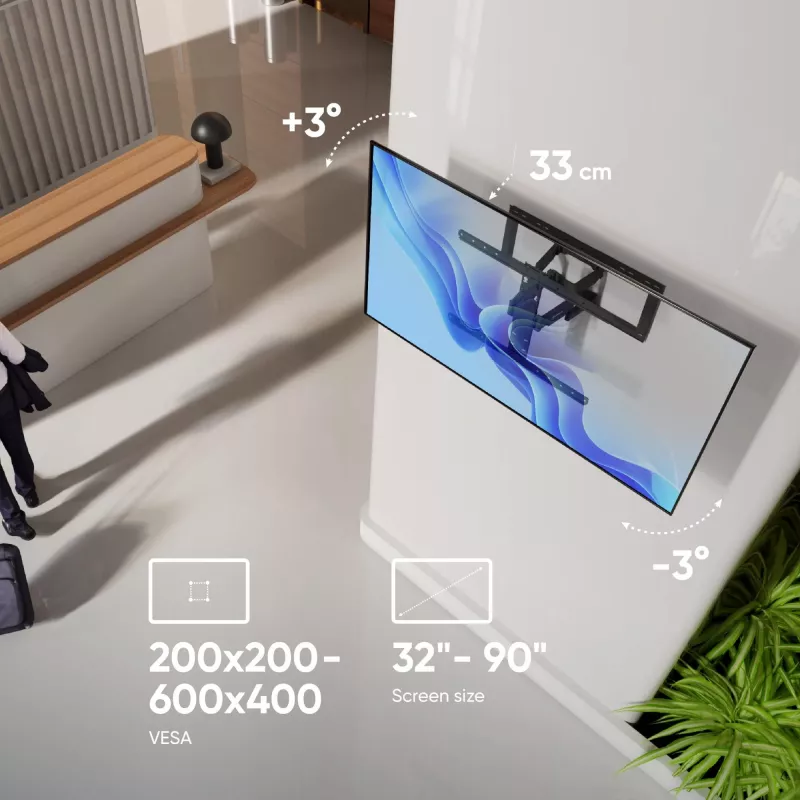 TV grīdas statīvs ONKRON SM6-B 32–90 collu ekrāniem, 50 kg nestspēja, VESA 200x200–600x400, slīpums -10–5°, pagriešana 40°