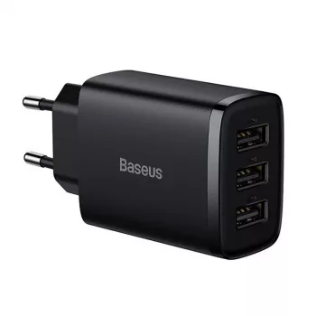 Baseus Compact Quick Charger, 3x USB, 17W (Melns)