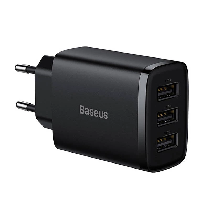 Baseus Compact Quick Charger, 3x USB, 17W (Melns)