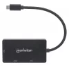Manhattan USB-C dokstacija/rumbotājs, pieslēgvietas (x3): DVI-I, HDMI un VGA pieslēgvietas, Piezīme: Vienlaikus var izmantot tikai vienu pieslēgvietu, Ārējais barošanas avots nav nepieciešams, Universāls visām ierīcēm, Kabelis 10cm, Melns, Trīs gadu garantija