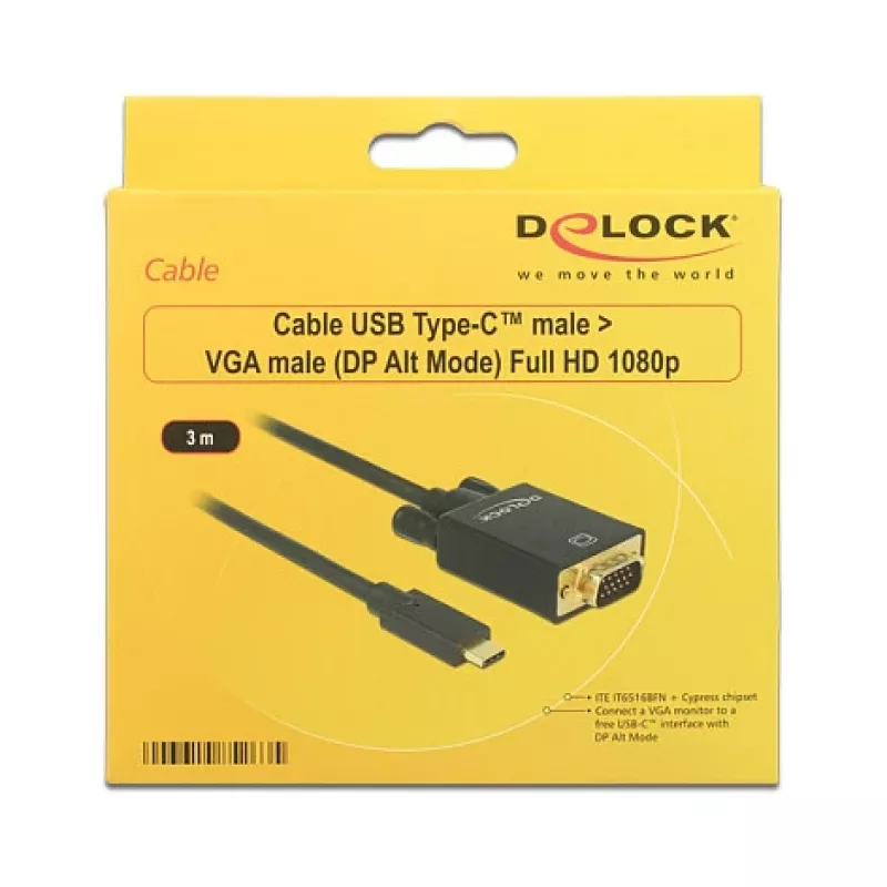 Video kabeļa adapteris DeLOCK 85263 USB Type-C uz VGA 3m Melns