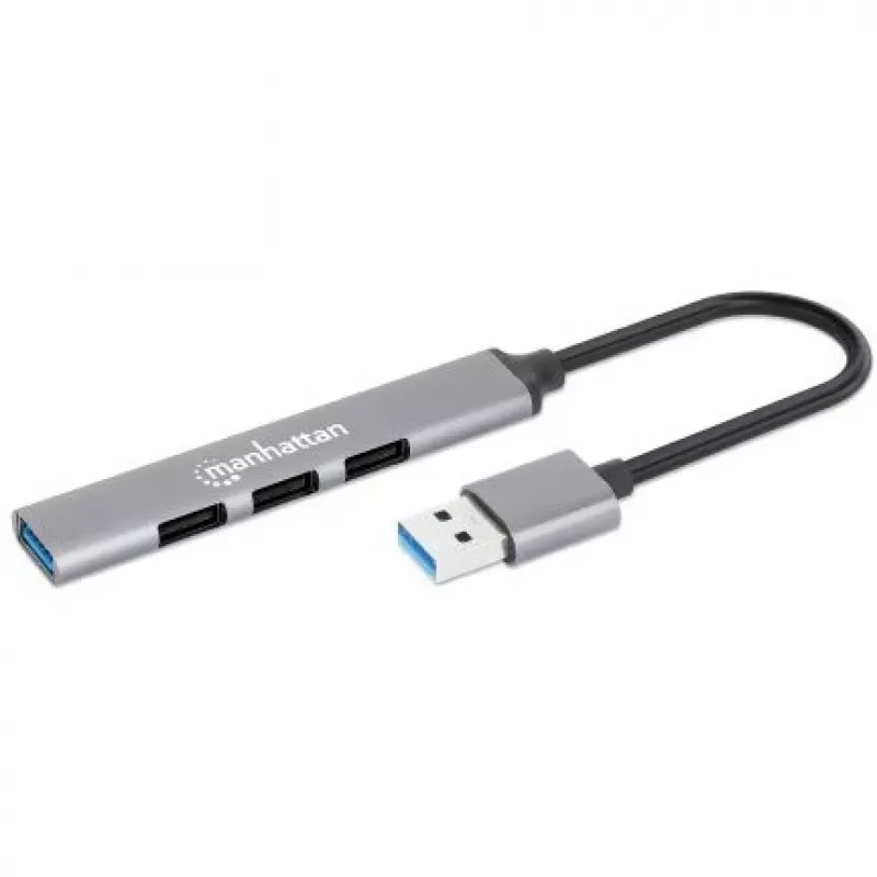 Manhattan USB-A 4-portu centrmezgls, 4x USB-A porti (1x 5 Gbps USB 3.2 Gen1 aka USB 3.0, 3 x 480 Mbps USB 2.0), ar USB barošanu (nav nepieciešams ārējais barošanas avots), alumīnijs