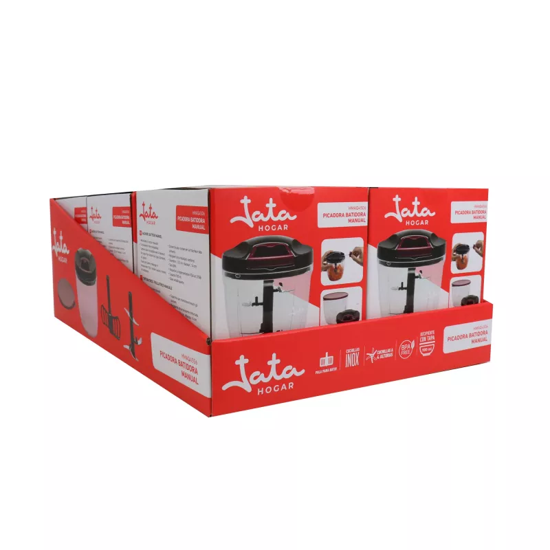 Manuālais virtuves smalcinātājs Jata HMAQ4506 ietilpība 0,9 L nerūsējošā tērauda asmeņi 140 mm augstums 12,5 cm diametrs Melns Sarkans Caurspīdīgs