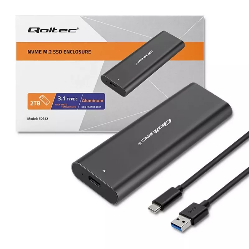 SSD korpuss QOLTEC 50312 melns vienam M.2 SATA diskam, USB Type-C (USB 2.0 / 3.2 Gen 1)