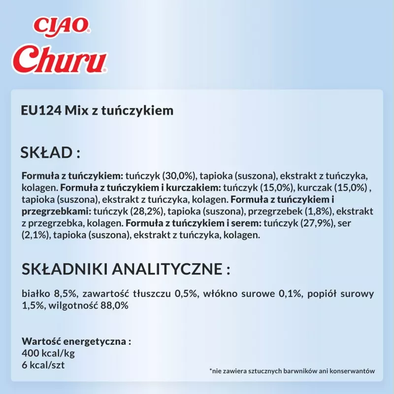 Mitri kaķu kārumi INABA Churu Variety Box — Tunzivs, 20 × 14 g paciņas, pasta, mitrums 88%, olbaltumvielas 8.5%