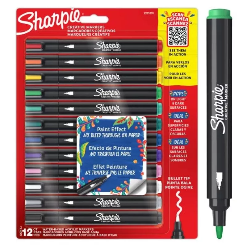 Akrila krāsu pildspalvas Sharpie Creative Marker 12 gab. lodīšu uzgalis melnas