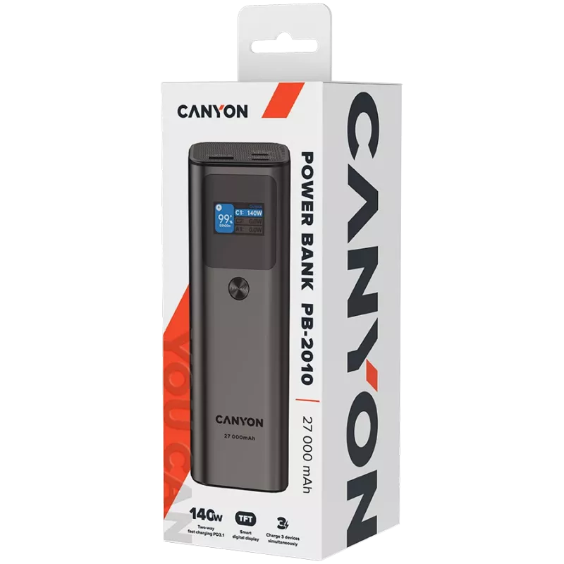 Canyon PB-2010 - Powerbank - Li-Pol - 27.000 mAh - Digitālais displejs - 2xUSB-C + 1xUSB-A - Jauda