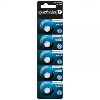 Litija pogelementa baterija everActive CR1220 — 3V, 40 mAh, 12.5×2 mm, vienreizēja lietošana, 5 gab.