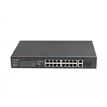 Nepārvaldāms slēdzis LANBERG RSFE-16P-2C-250 — 18 portu Gigabit, 16x PoE+ (30W), 2x SFP, 250W, 1U, metāls, stiprināšana statīvā