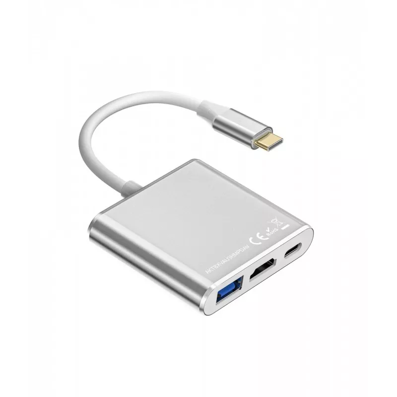USB C adaptera centrmezgls TB AKTBXVAU3HMPDAV — 3-in-1: HDMI + USB-A + USB-C PD, sudraba