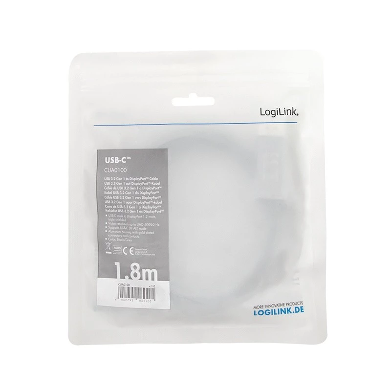 LogiLink CUA0100 Kabeļa savienotāju adapteris DisplayPort USB 3.2 Gen1 Type-C 1,8 m Melns Pelēks