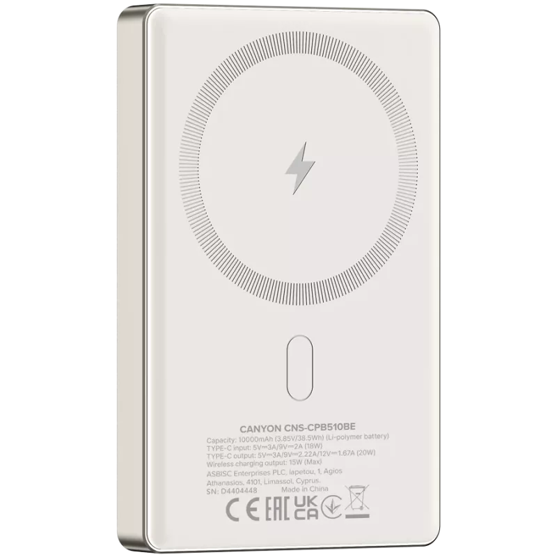 Canyon OnCharge 510 - Powerbank - 10 000 mAh - ieeja USB-C - izeja USB-C PD 20W + bezvadu magnēts