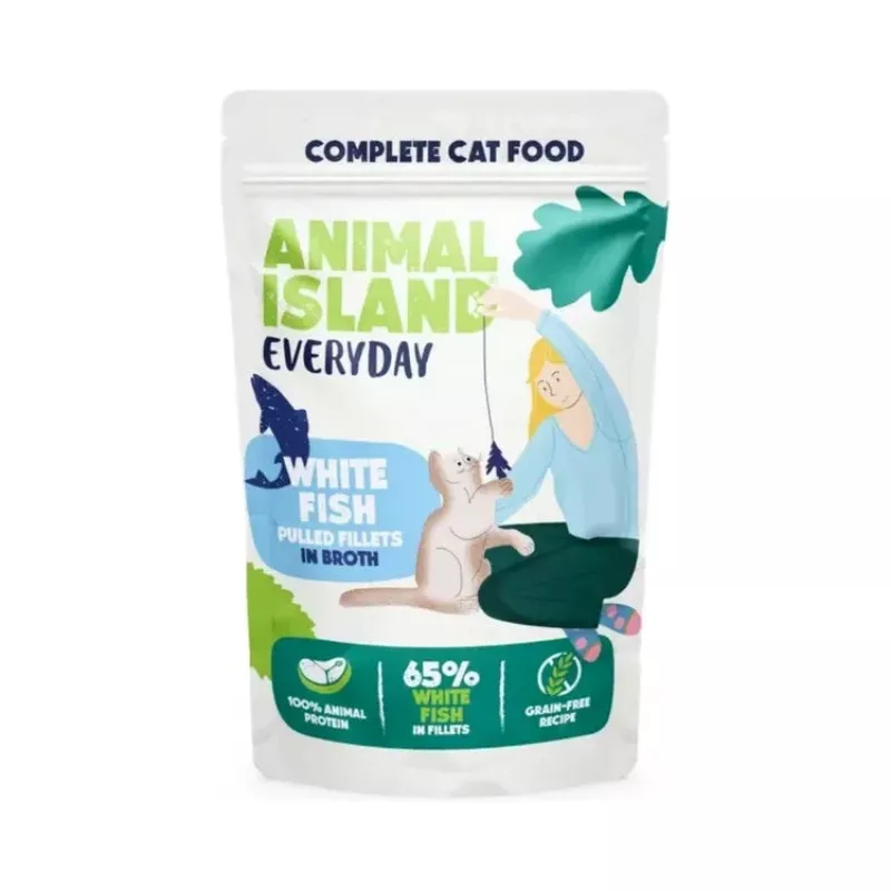 Slapjā kaķu barība animal island Everyday tītara un baltās zivs filejas buljonā 4×85 g paciņa (4×85 g)
