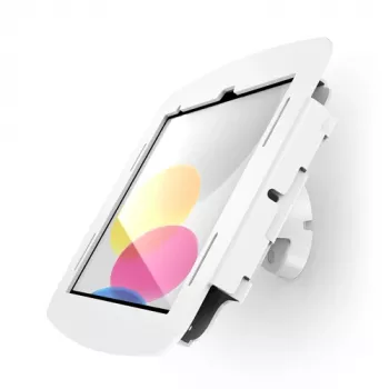 Compulocks iPad 10th-11th (A16) Gen Space aplokšņu sienas stiprinājums ar noliekšanu balts — montāžas komplekts (aploksne, noliecams sienas stiprinājums)