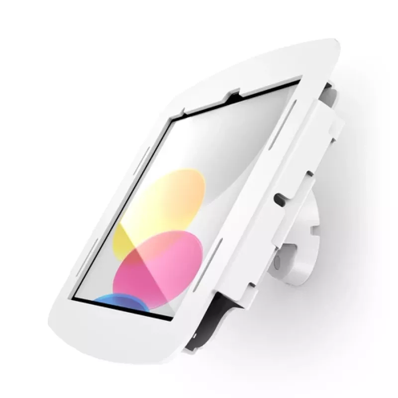 Compulocks iPad 10th-11th (A16) Gen Space aplokšņu sienas stiprinājums ar noliekšanu balts — montāžas komplekts (aploksne, noliecams sienas stiprinājums)