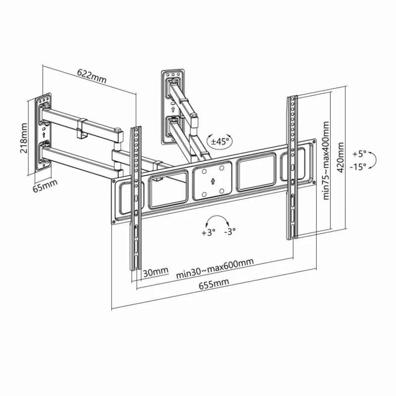 Sienas TV stiprinājums ART AR-85 32–70 collu televizoriem, līdz 45 kg, slīpums -15–5°, grozāms 45°, izbīdījums 118–622 mm, VESA 75x75–600x400
