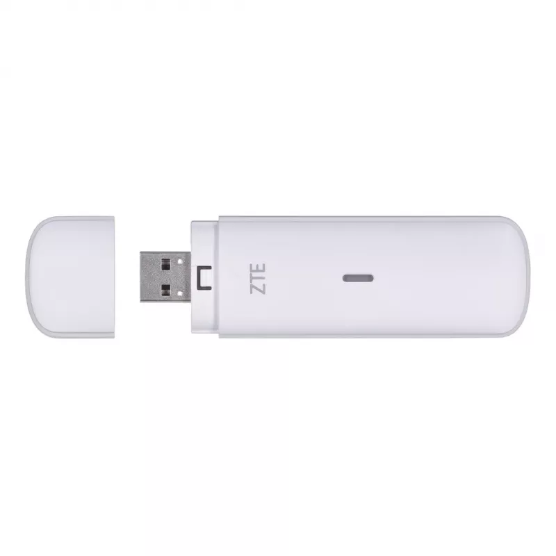 USB mobilais modems ZTE MF833N, pārnēsājams USB formas faktors, 4G LTE-FDD/TDD līdz 150 Mbps, HSUPA/2G atbalsts, microSD slots, balts