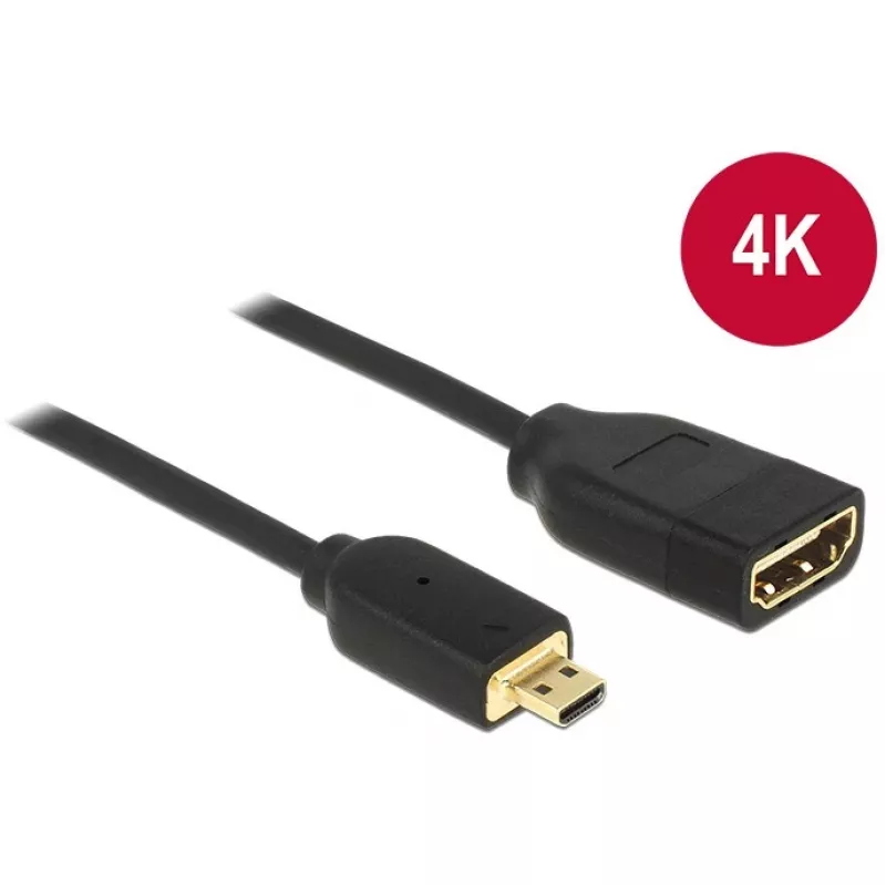 DELOCK kabelis HDMI Micro D spraudnis > HDMI A ligzda High Speed ar Ethernet 3D 4K 20cm Premium Slim
