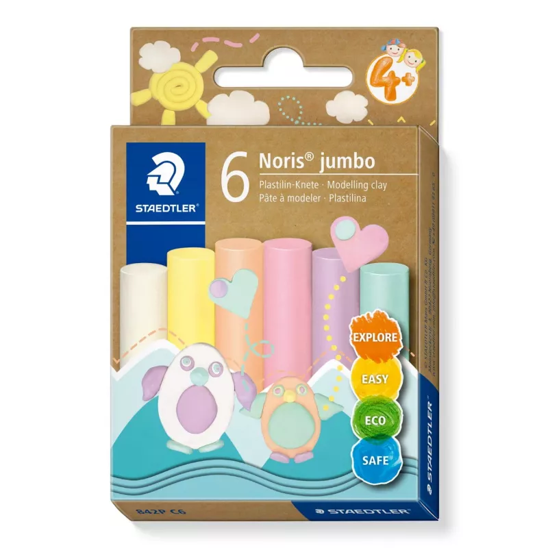 Modelējamais plastilīns Staedtler Noris Jumbo Pastel 842P C6 — mīksts, viegli veidojams, dažādas pasteļkrāsas