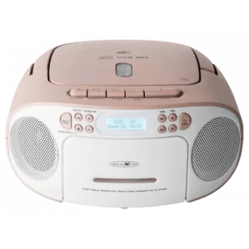 Pārnēsājama boombox Reflexion RCR2260DAB — balta/rozā, DAB+ digitālais radio, darbojas ar baterijām un no tīkla