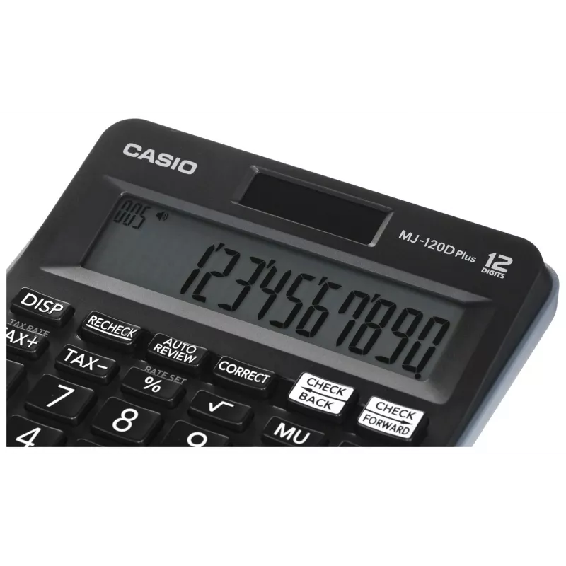 Galda kalkulators CASIO MJ-120D PLUS — pamata 12 ciparu, baterija/saules enerģija, 35 taustiņi, nodokļu aprēķins un kvadrātsakne, melns