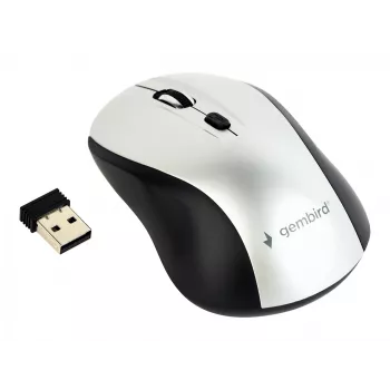Bezvadu optiskā pele Gembird MUSW-4B-02-BS, RF, piemērota abām rokām, 1600 DPI, 4 pogas, sudraba/melna