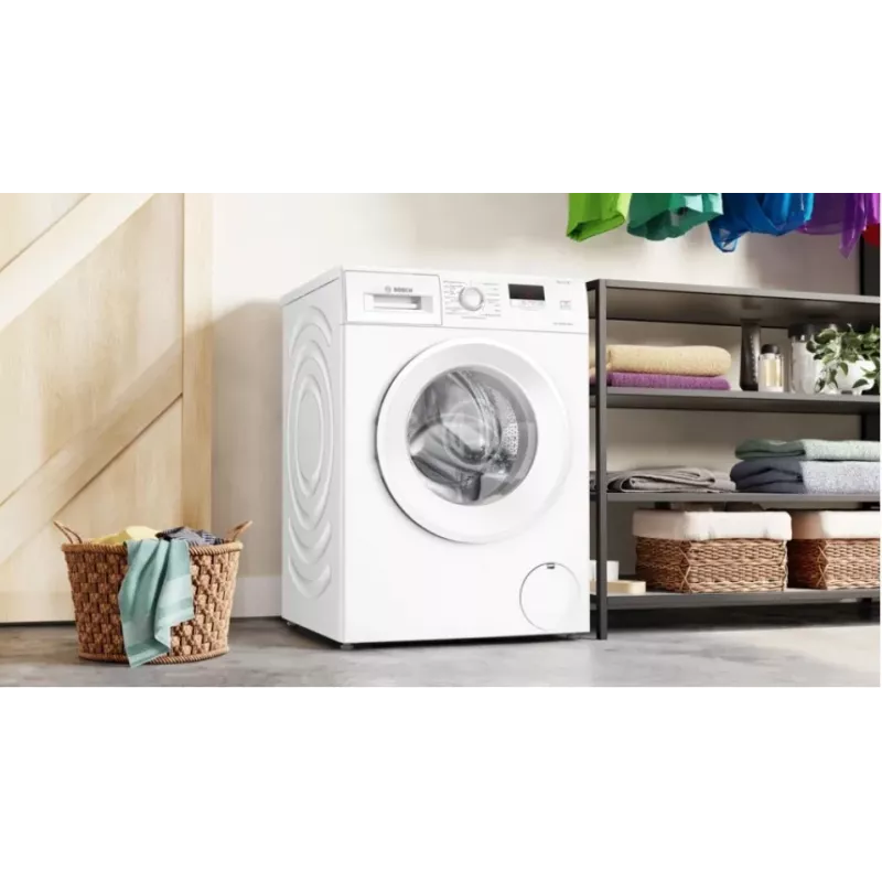 Priekšpusē lādējama veļas mašīna Bosch WGE02201PL — 8 kg, 1200 apgr./min, 55 L tilpnes, LED displejs, invertors